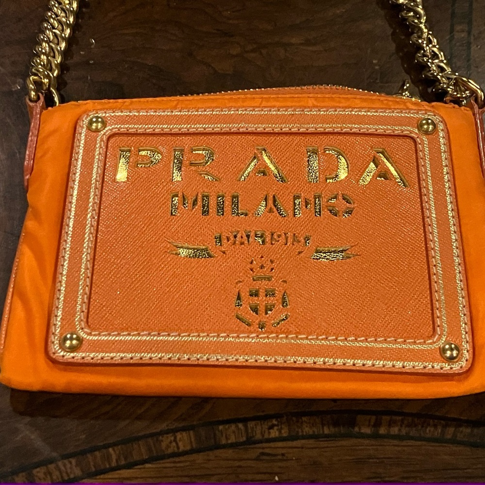 Prada Tessuto Oro Mini Crossbody in Papaya, with Auth Cards & Dust Bag, EUC